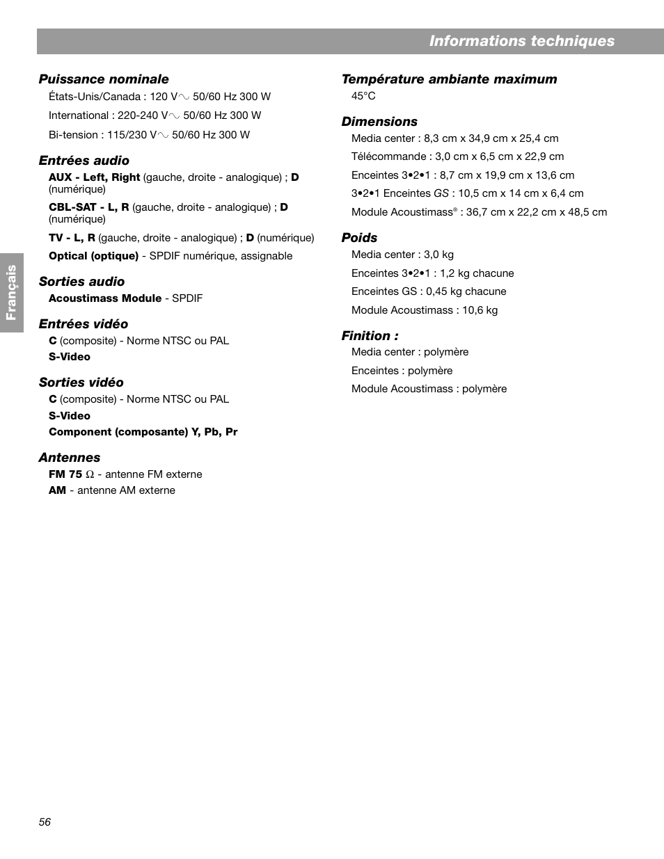 Informations techniques | Bose 3.2.1 GS Series II User Manual | Page 168 / 180