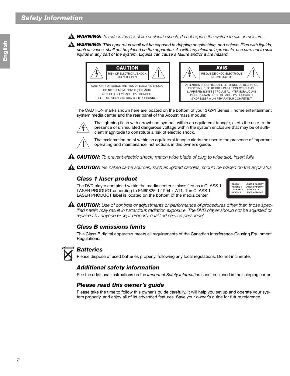 Safety information, En glis h, Class 1 laser product | Class b emissions limits, Batteries, Additional safety information, Please read this owner’s guide | Bose 3.2.1 GS Series II User Manual | Page 2 / 180