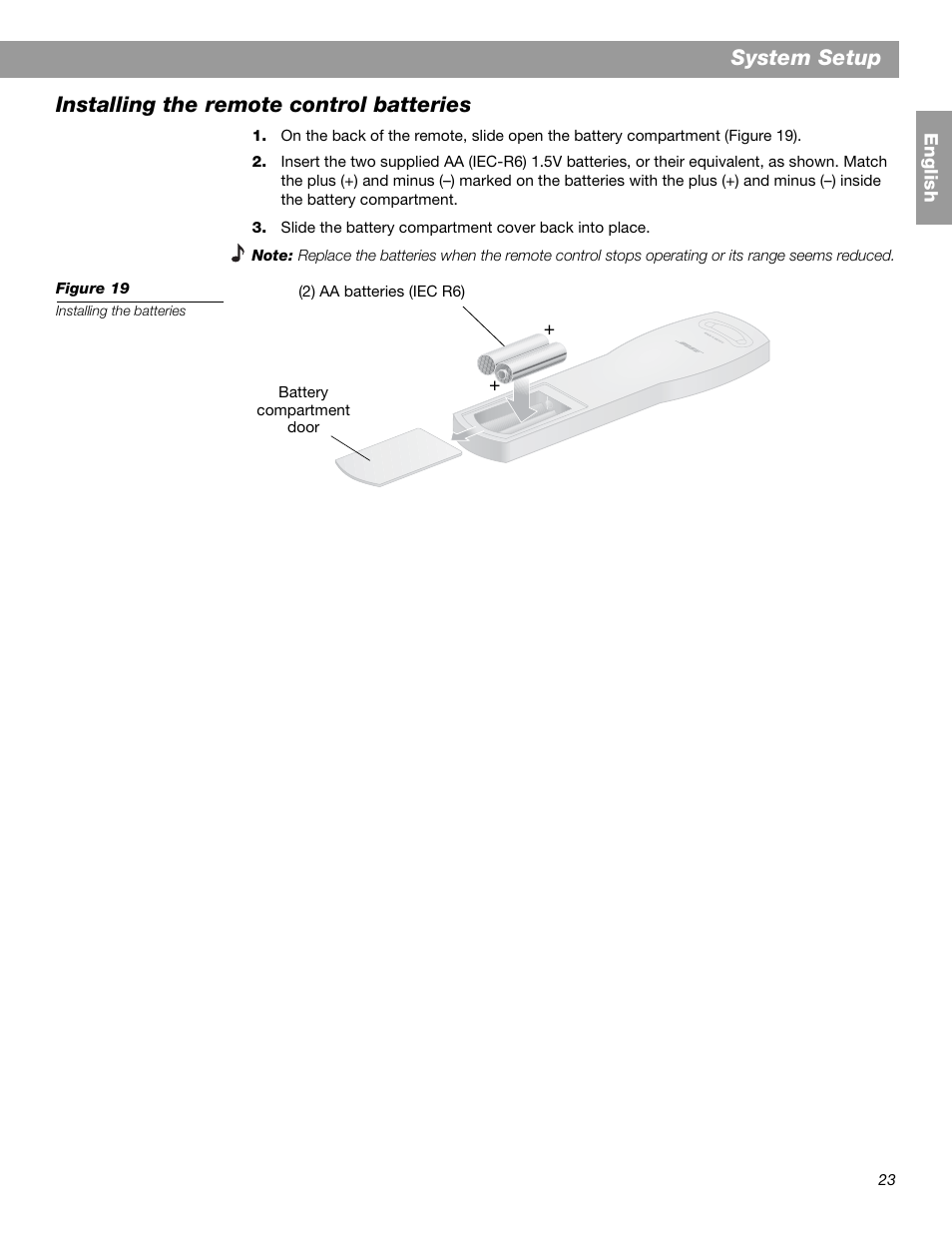 System setup, Installing the remote control batteries | Bose 3.2.1 GS Series II User Manual | Page 23 / 180