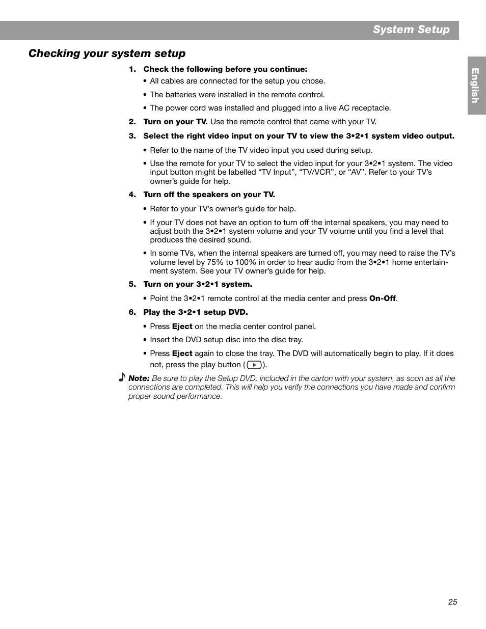 System setup, Checking your system setup | Bose 3.2.1 GS Series II User Manual | Page 25 / 180