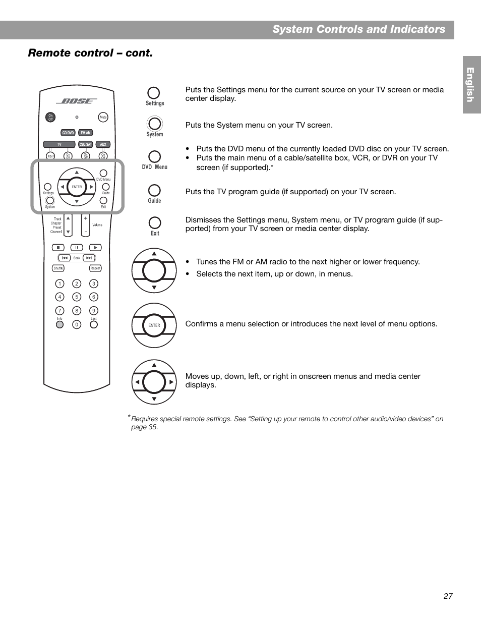 System controls and indicators, Remote control – cont | Bose 3.2.1 GS Series II User Manual | Page 27 / 180