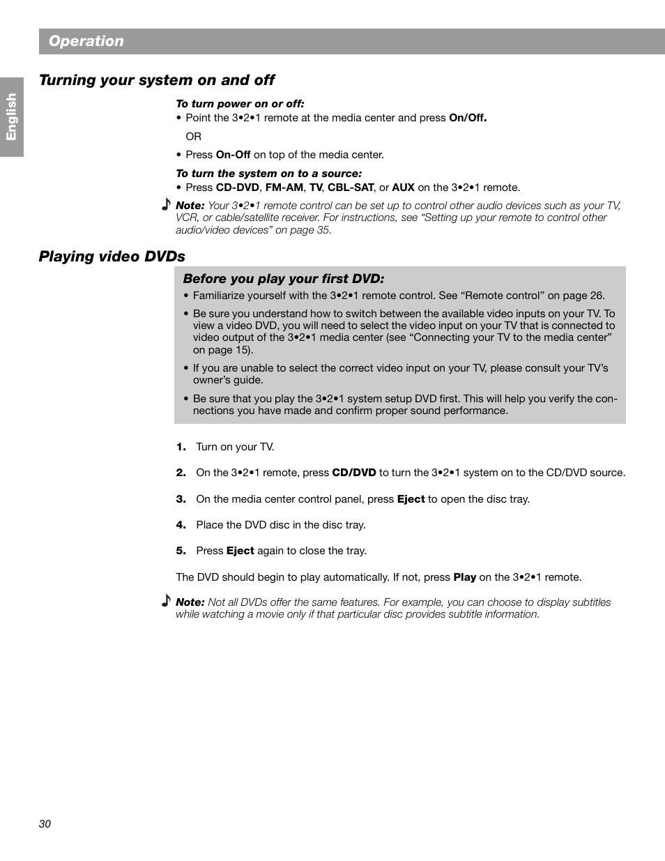Operation turning your system on and off, Playing video dvds | Bose 3.2.1 GS Series II User Manual | Page 30 / 180