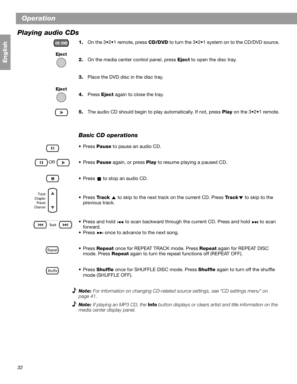 Operation, Playing audio cds | Bose 3.2.1 GS Series II User Manual | Page 32 / 180
