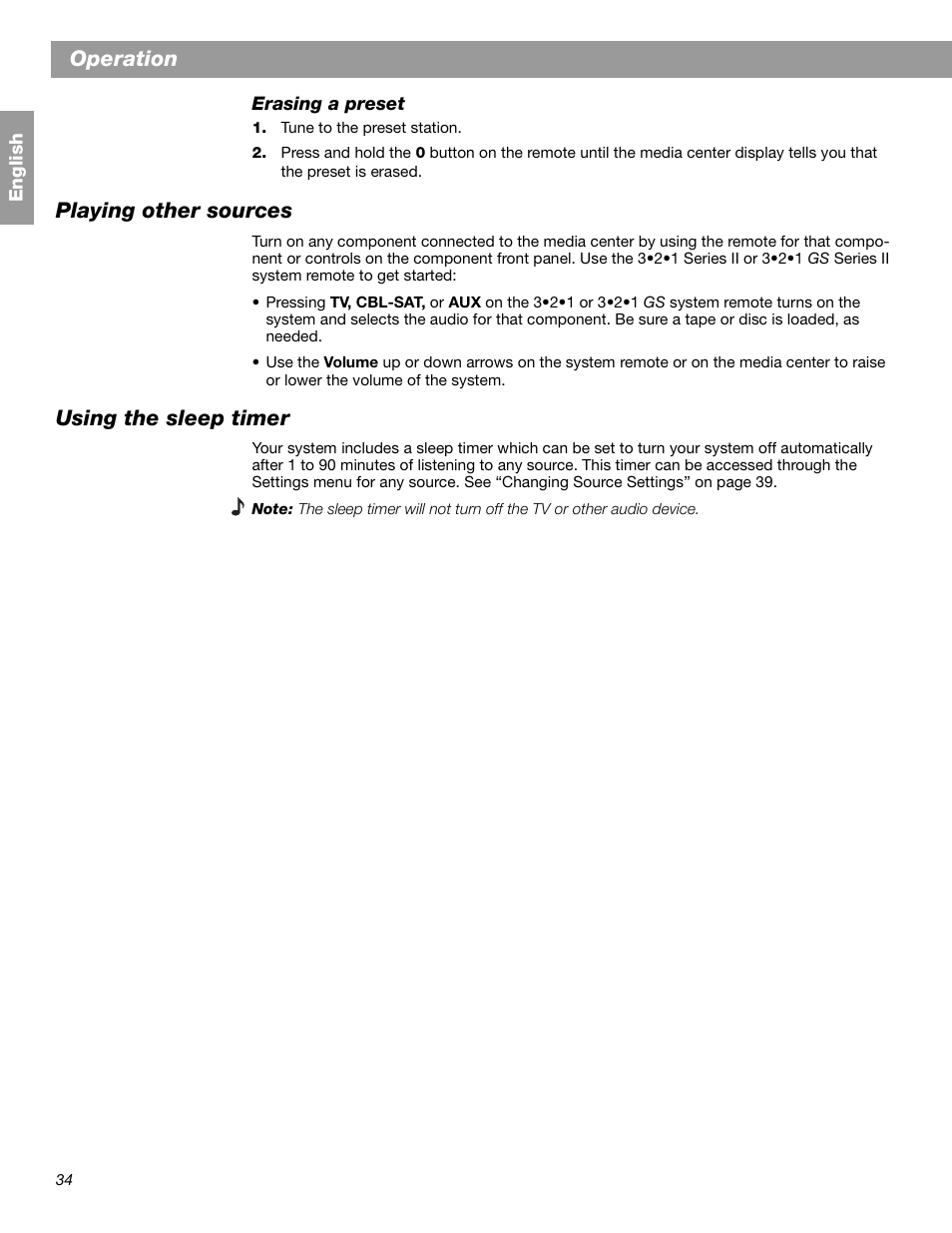 Operation, Playing other sources, Using the sleep timer | Bose 3.2.1 GS Series II User Manual | Page 34 / 180