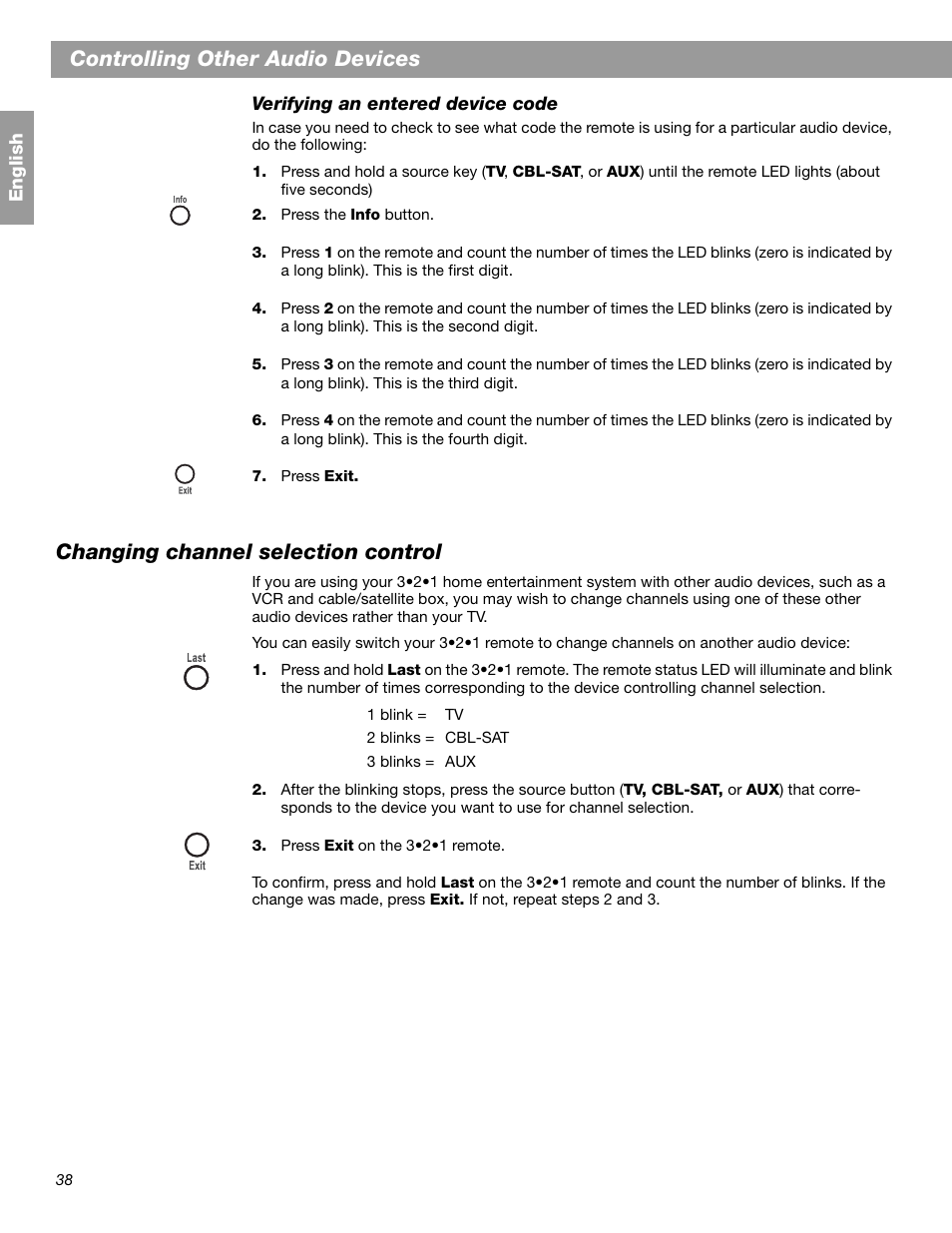 Controlling other audio devices, Changing channel selection control | Bose 3.2.1 GS Series II User Manual | Page 38 / 180