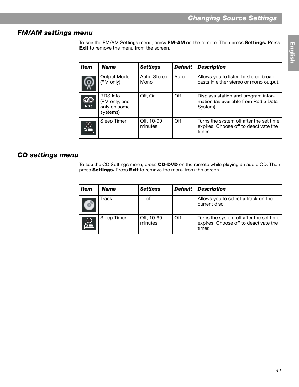 Changing source settings, Fm/am settings menu, Cd settings menu | Bose 3.2.1 GS Series II User Manual | Page 41 / 180