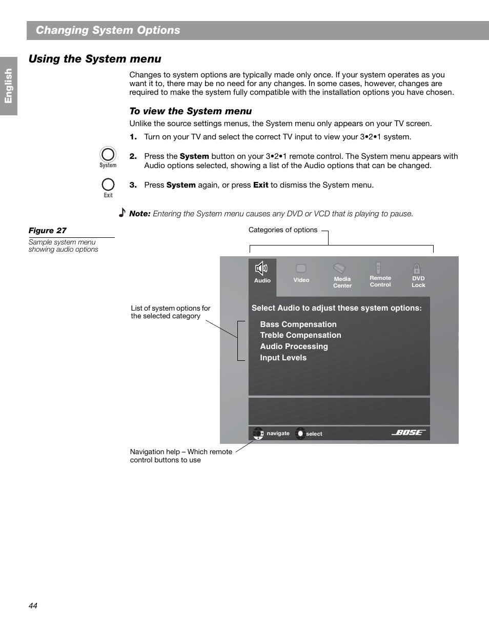 Changing system options using the system menu, En glis h | Bose 3.2.1 GS Series II User Manual | Page 44 / 180