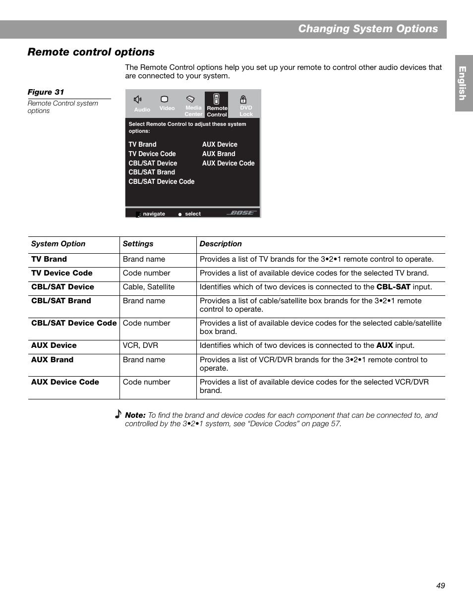 Changing system options, Remote control options, Engl is h | Bose 3.2.1 GS Series II User Manual | Page 49 / 180