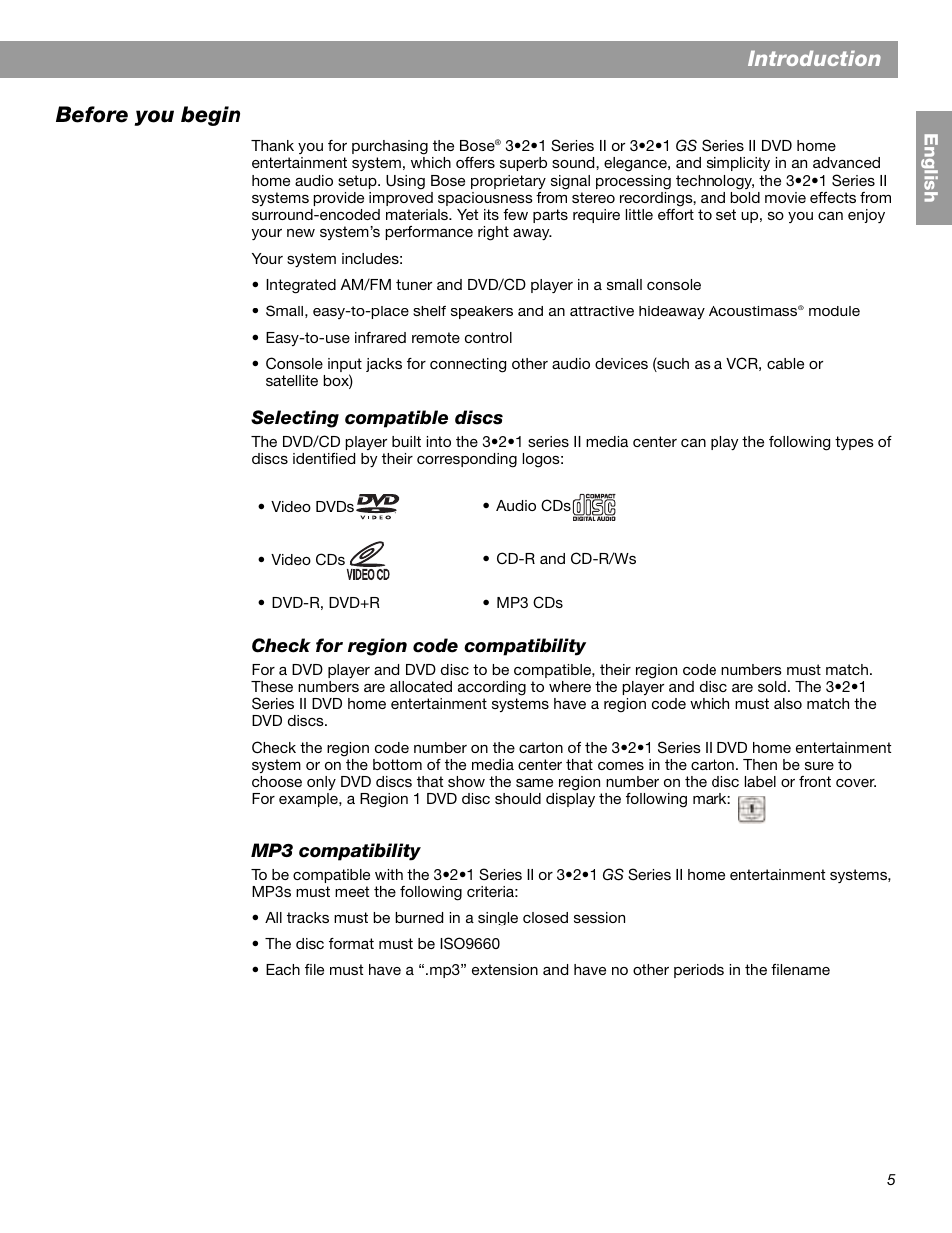 Introduction before you begin | Bose 3.2.1 GS Series II User Manual | Page 5 / 180