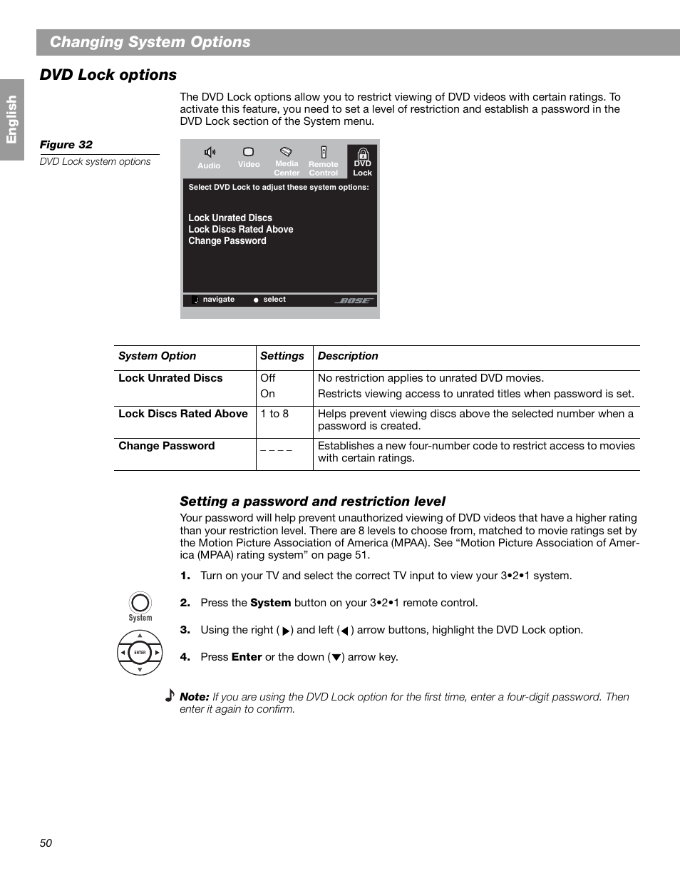 Changing system options, Dvd lock options, En glis h | Setting a password and restriction level | Bose 3.2.1 GS Series II User Manual | Page 50 / 180