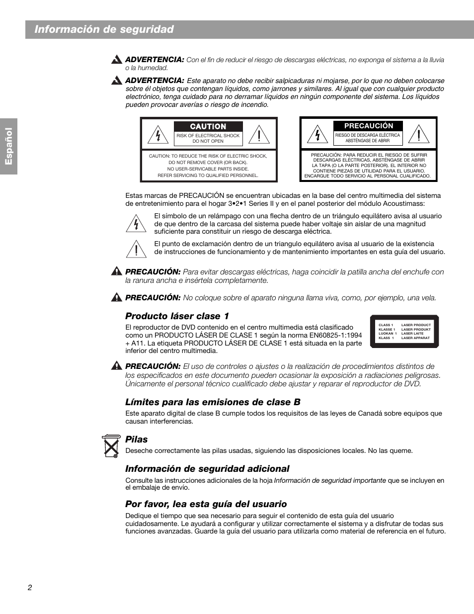 Información de seguridad, Español, Producto láser clase 1 | Límites para las emisiones de clase b, Pilas, Información de seguridad adicional, Por favor, lea esta guía del usuario | Bose 3.2.1 GS Series II User Manual | Page 58 / 180