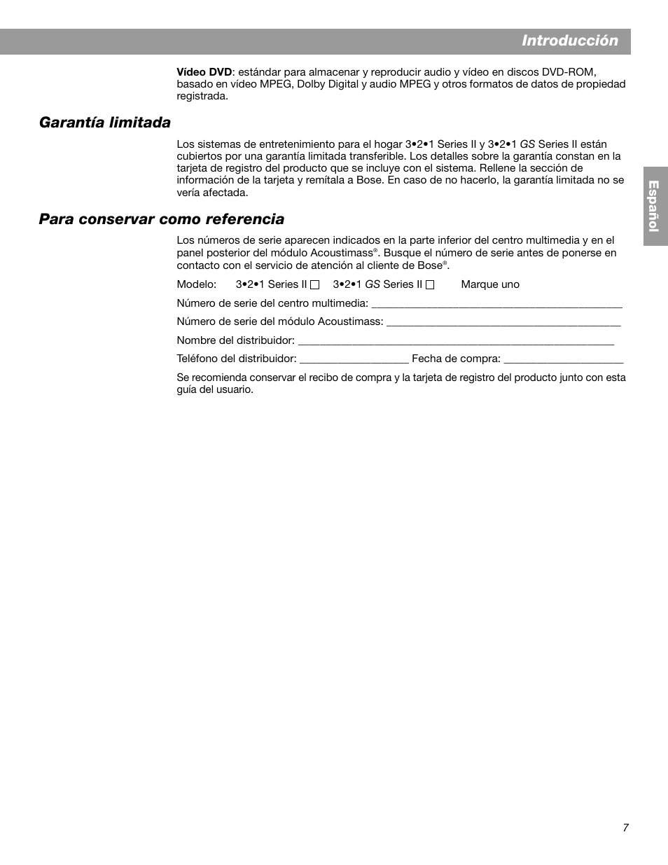 Introducción, Garantía limitada, Para conservar como referencia | Bose 3.2.1 GS Series II User Manual | Page 63 / 180