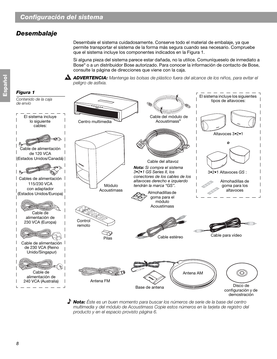 Configuración del sistema desembalaje, Español | Bose 3.2.1 GS Series II User Manual | Page 64 / 180