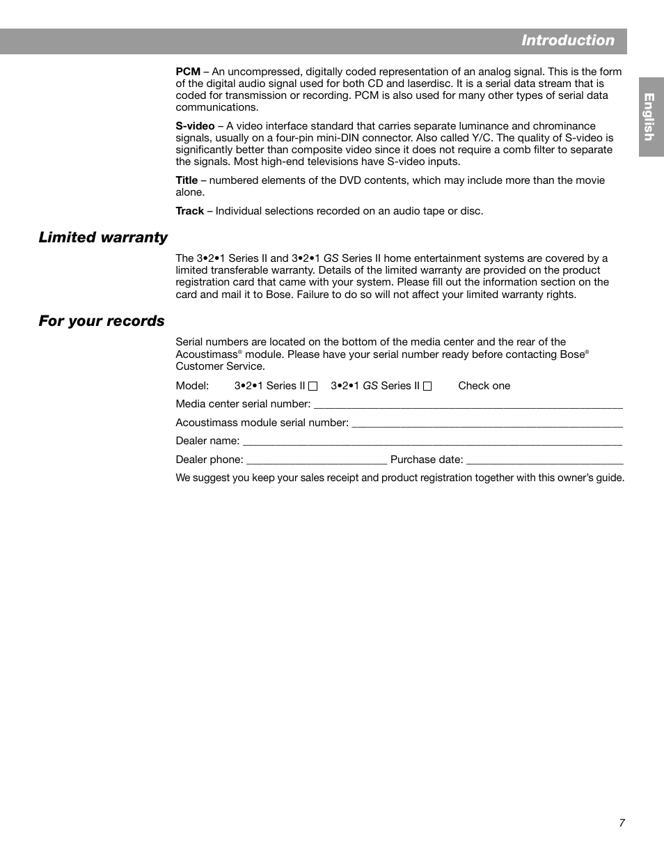 Introduction, Limited warranty, For your records | Bose 3.2.1 GS Series II User Manual | Page 7 / 180