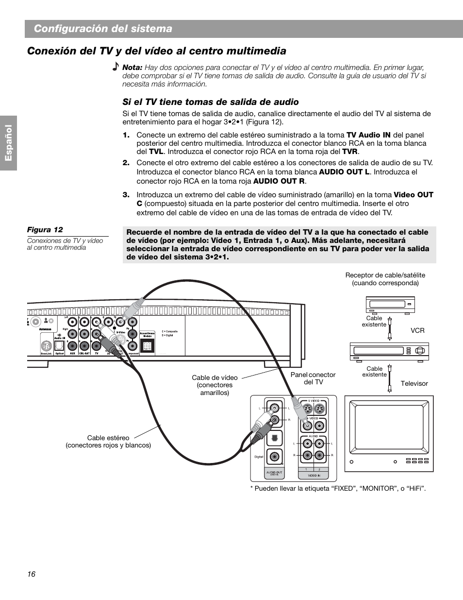 Configuración del sistema, Conexión del tv y del vídeo al centro multimedia | Bose 3.2.1 GS Series II User Manual | Page 72 / 180
