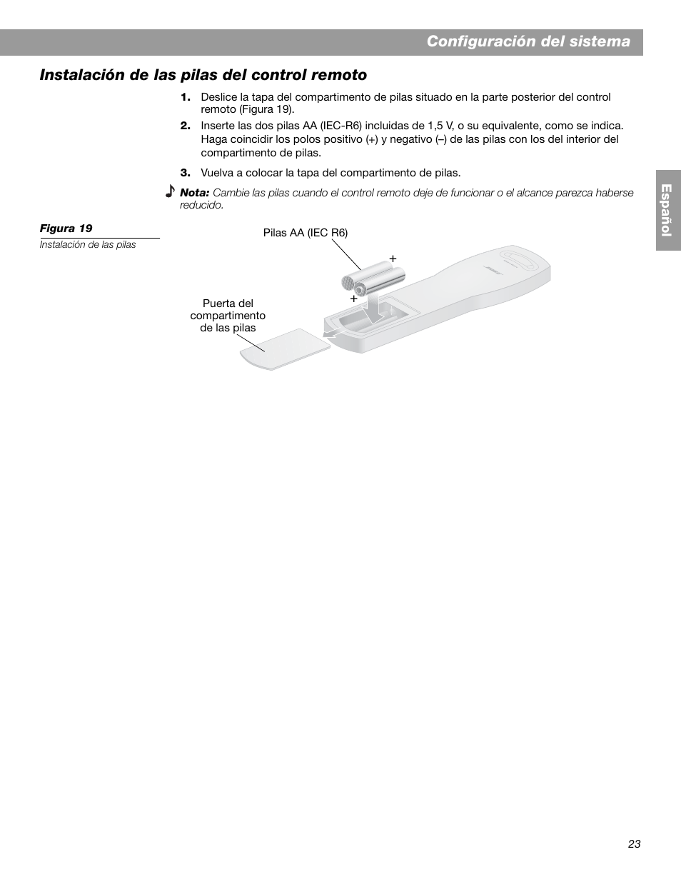 Configuración del sistema, Instalación de las pilas del control remoto | Bose 3.2.1 GS Series II User Manual | Page 79 / 180