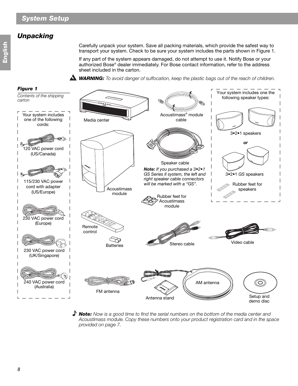 System setup unpacking, En glis h | Bose 3.2.1 GS Series II User Manual | Page 8 / 180