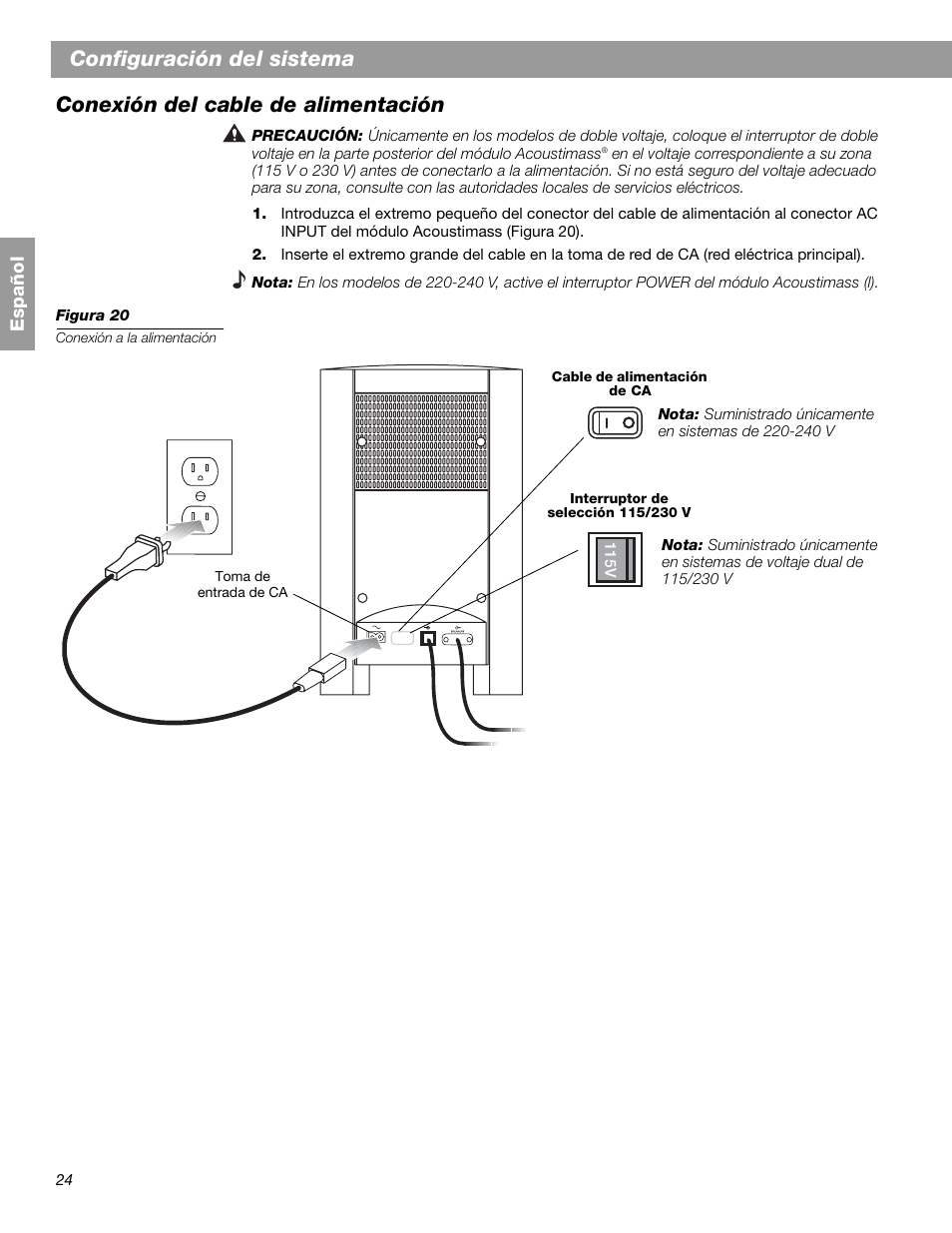 Configuración del sistema, Conexión del cable de alimentación | Bose 3.2.1 GS Series II User Manual | Page 80 / 180