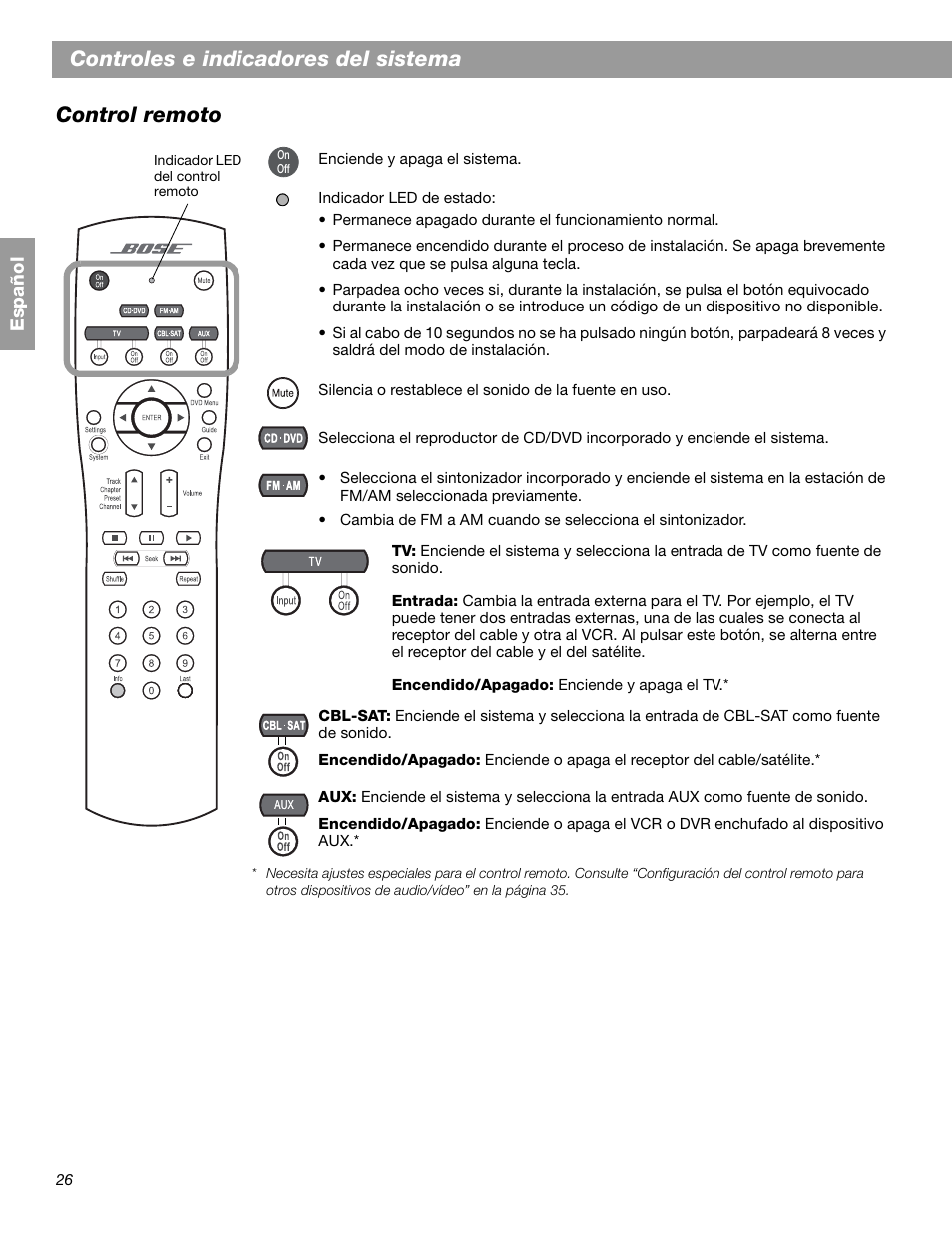 Controles e indicadores del sistema control remoto | Bose 3.2.1 GS Series II User Manual | Page 82 / 180