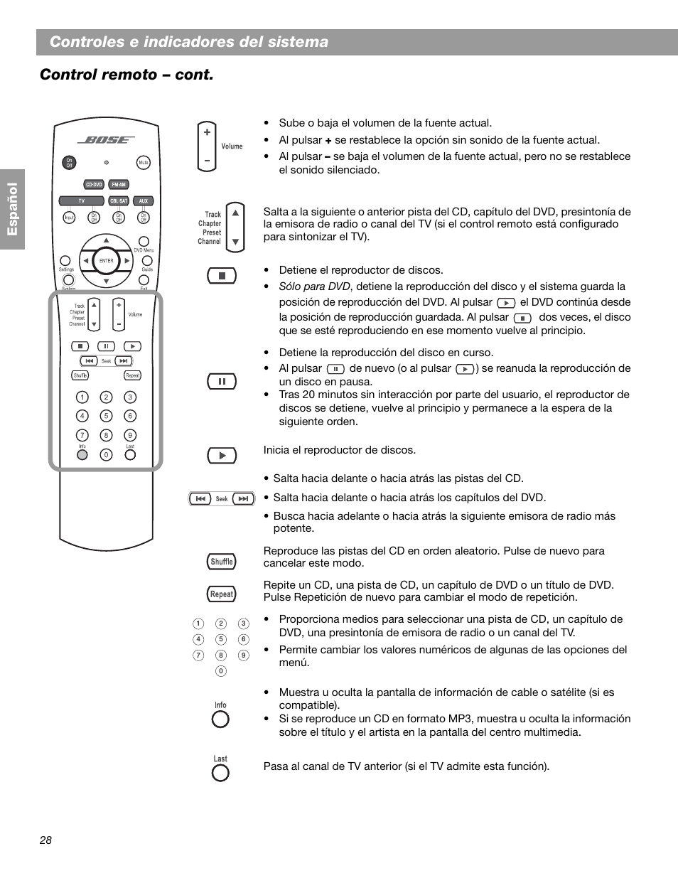 Controles e indicadores del sistema, Control remoto – cont, Español | Bose 3.2.1 GS Series II User Manual | Page 84 / 180