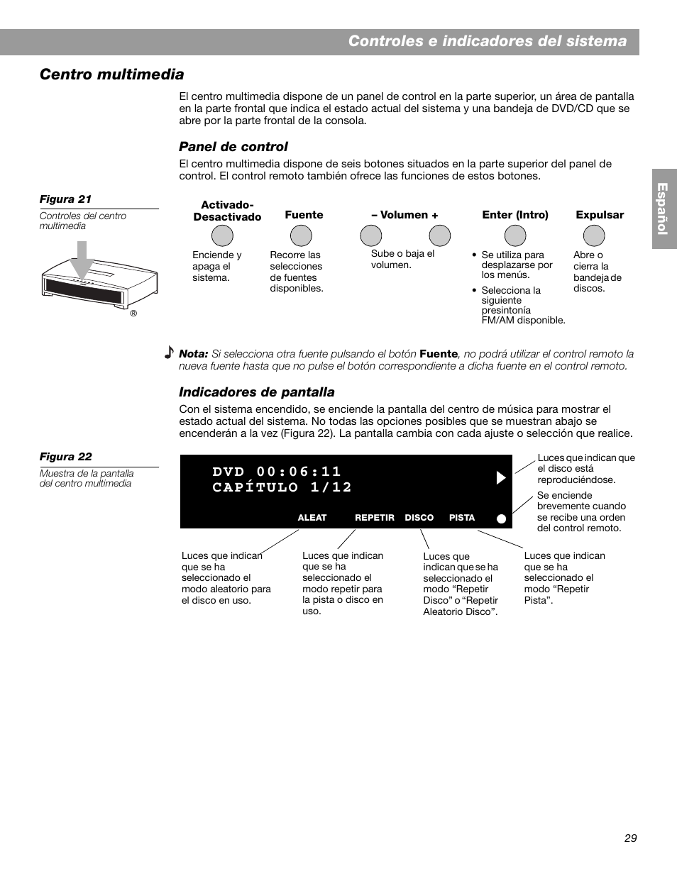 Controles e indicadores del sistema, Centro multimedia | Bose 3.2.1 GS Series II User Manual | Page 85 / 180