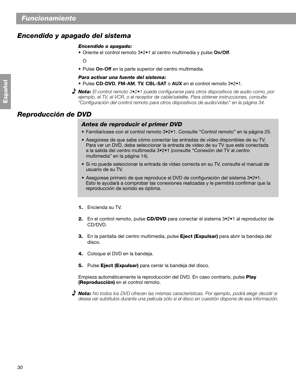 Funcionamiento encendido y apagado del sistema, Reproducción de dvd | Bose 3.2.1 GS Series II User Manual | Page 86 / 180