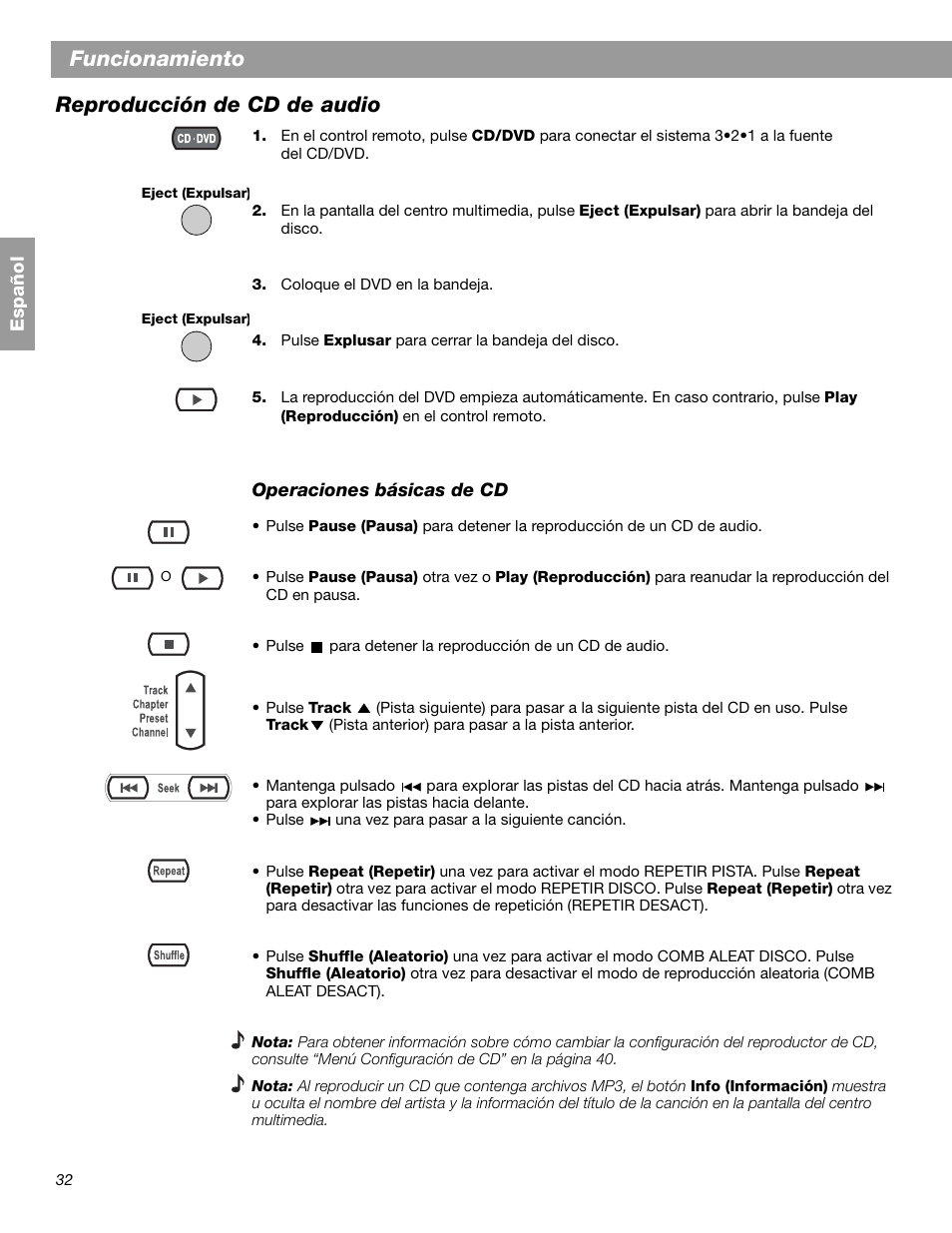 Funcionamiento, Reproducción de cd de audio | Bose 3.2.1 GS Series II User Manual | Page 88 / 180