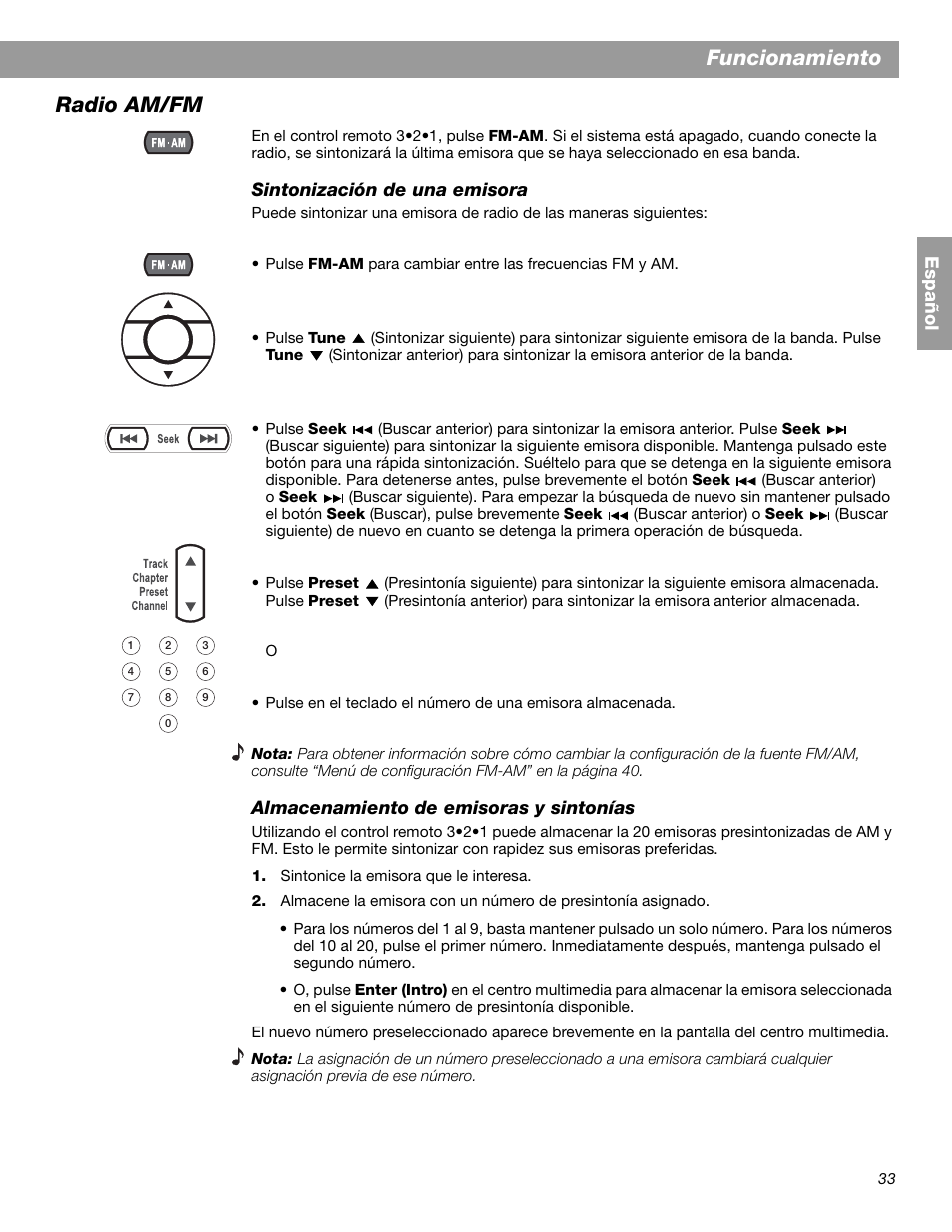 Funcionamiento, Radio am/fm | Bose 3.2.1 GS Series II User Manual | Page 89 / 180