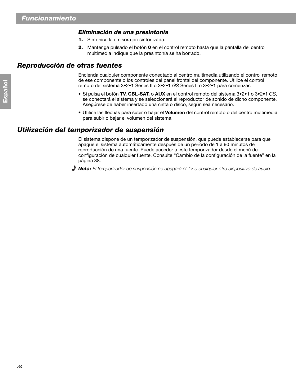 Funcionamiento, Reproducción de otras fuentes, Utilización del temporizador de suspensión | Bose 3.2.1 GS Series II User Manual | Page 90 / 180