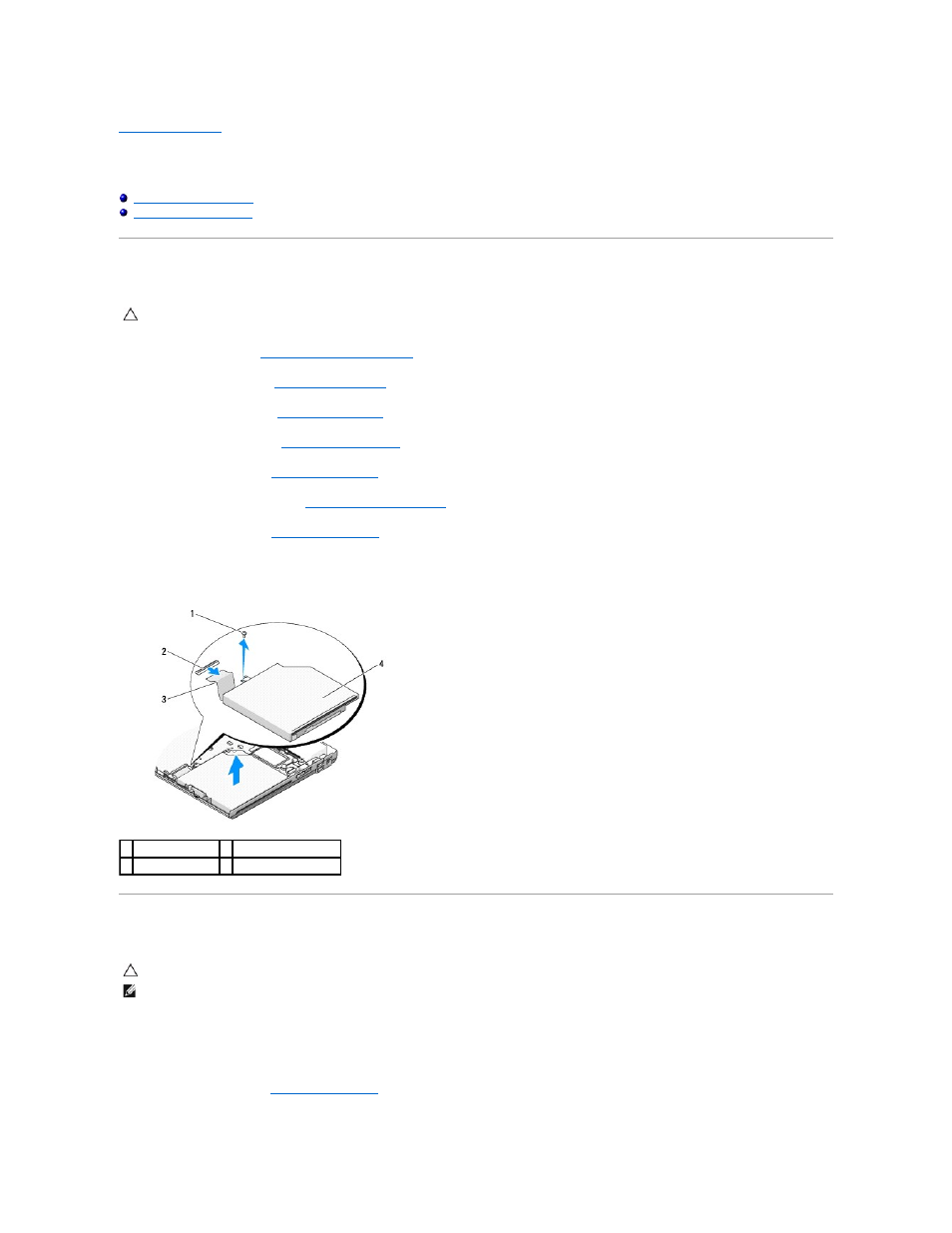 Optical drive, Removing the optical drive, Replacing the optical drive | Dell Vostro 1310 (Early 2008) User Manual | Page 42 / 65
