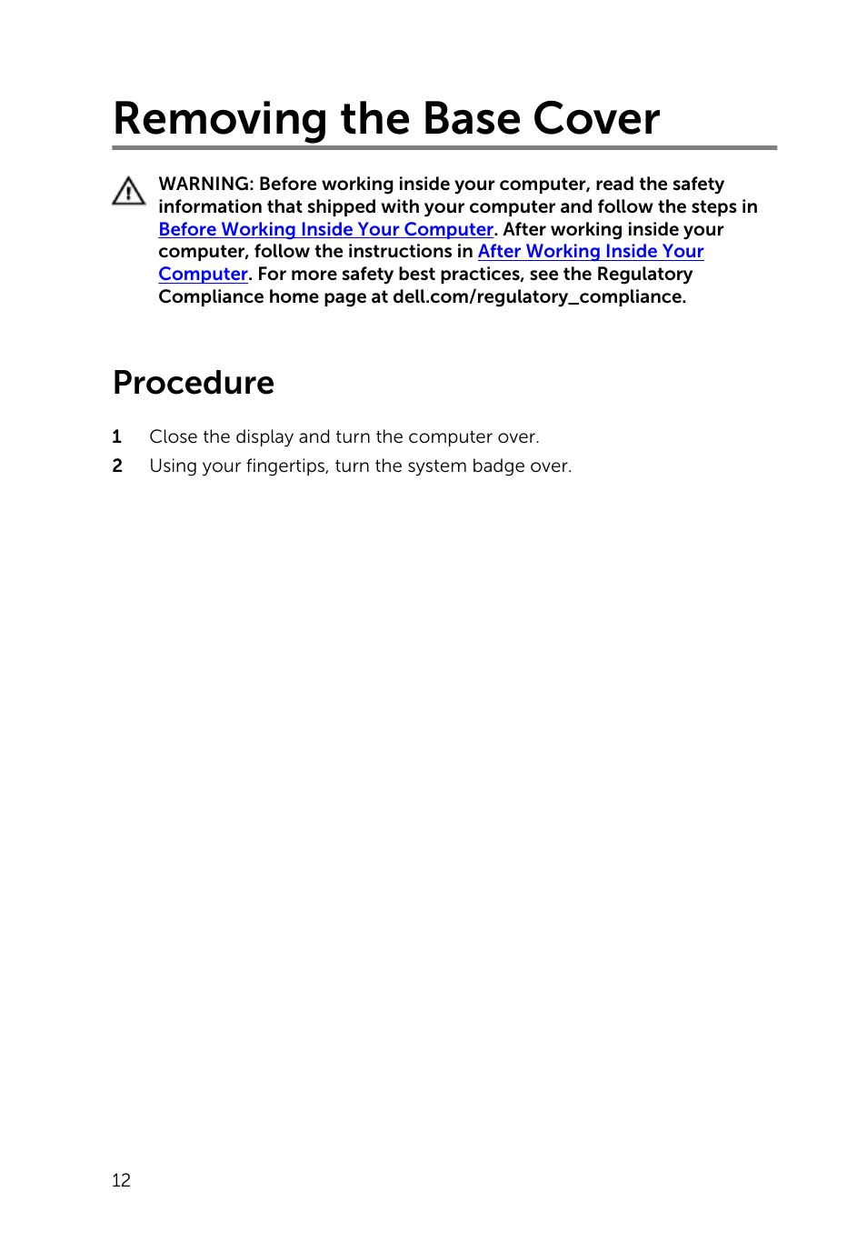 Removing the base cover, Procedure | Dell XPS 13 (9343, Early 2015) User Manual | Page 12 / 86