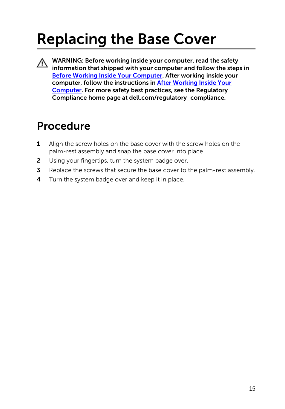 Replacing the base cover, Procedure | Dell XPS 13 (9343, Early 2015) User Manual | Page 15 / 86