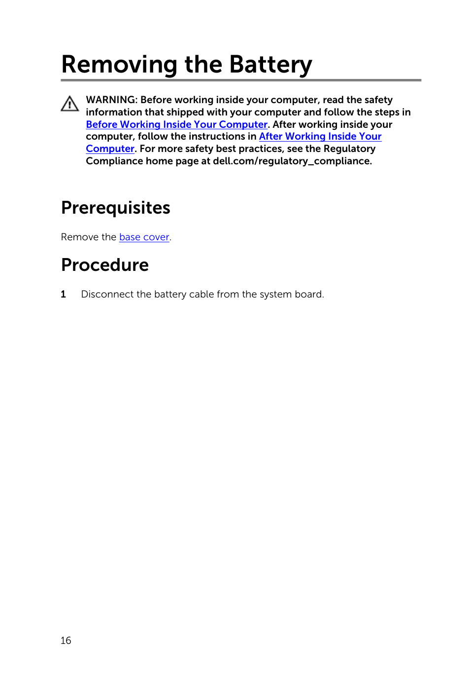 Removing the battery, Prerequisites, Procedure | Dell XPS 13 (9343, Early 2015) User Manual | Page 16 / 86