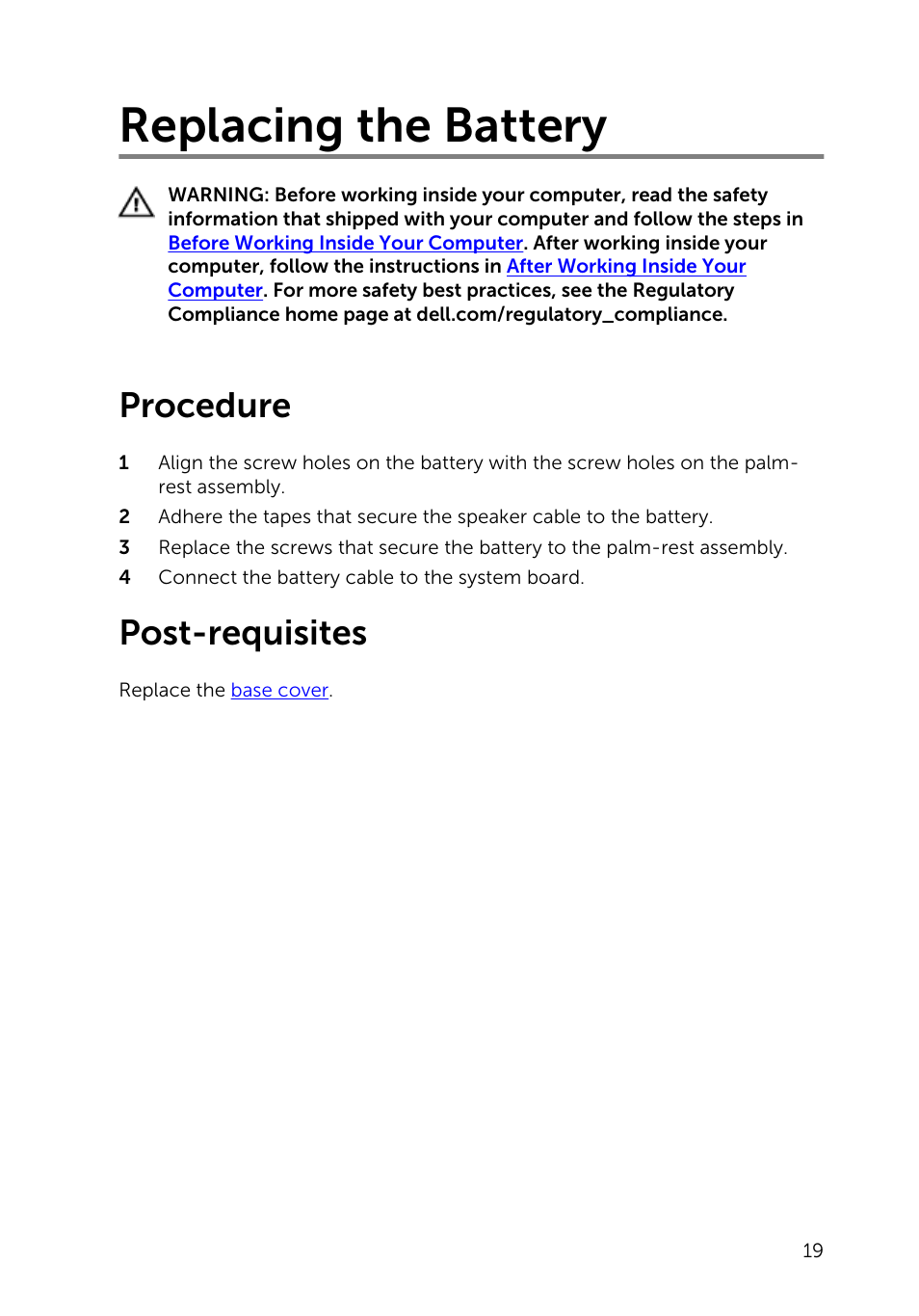 Replacing the battery, Procedure, Post-requisites | Dell XPS 13 (9343, Early 2015) User Manual | Page 19 / 86