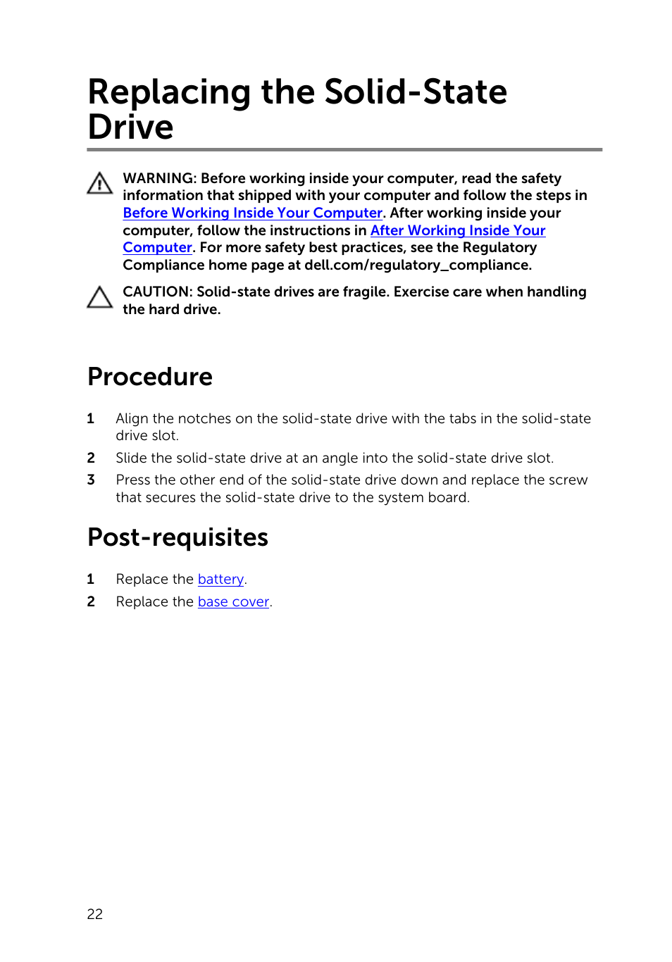Replacing the solid-state drive, Procedure, Post-requisites | Dell XPS 13 (9343, Early 2015) User Manual | Page 22 / 86