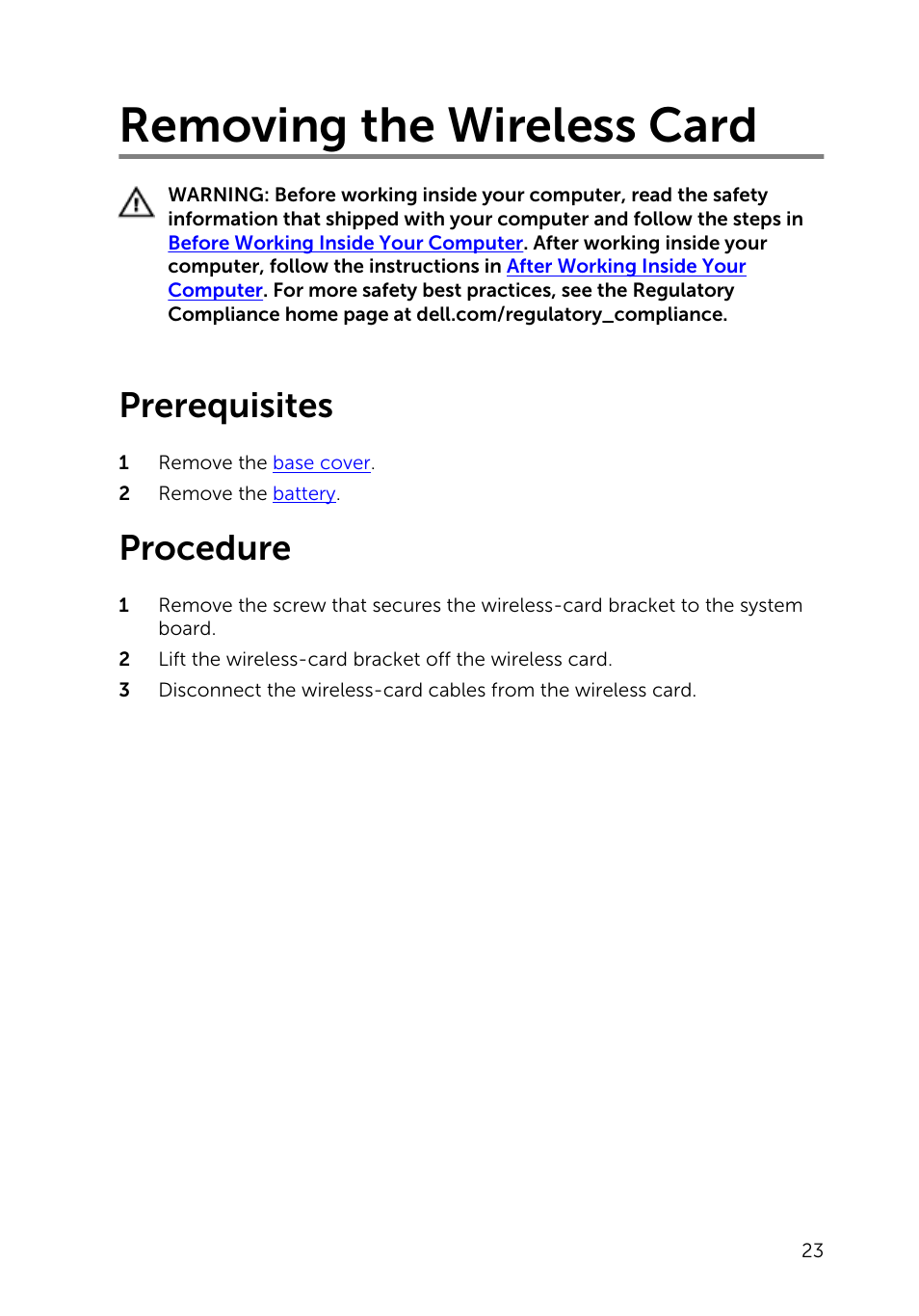 Removing the wireless card, Prerequisites, Procedure | Dell XPS 13 (9343, Early 2015) User Manual | Page 23 / 86