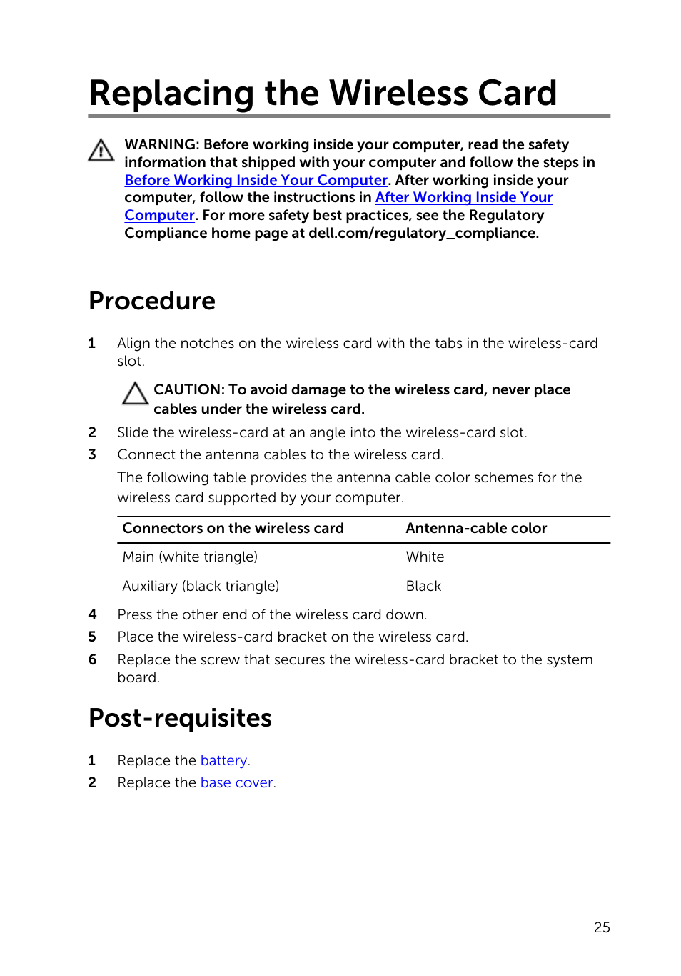 Replacing the wireless card, Procedure, Post-requisites | Dell XPS 13 (9343, Early 2015) User Manual | Page 25 / 86