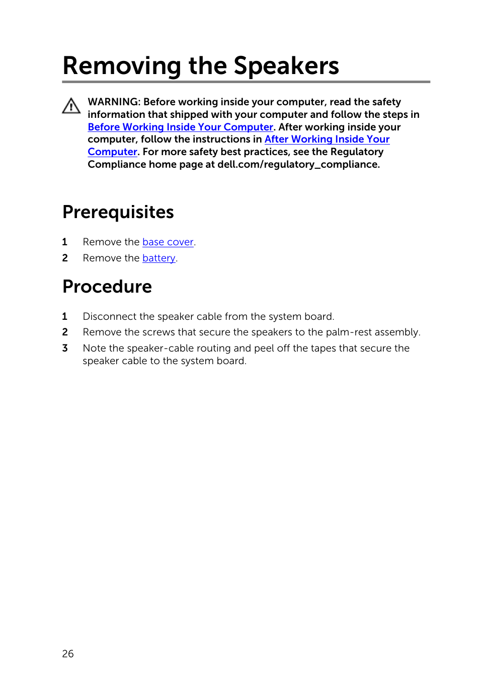 Removing the speakers, Prerequisites, Procedure | Dell XPS 13 (9343, Early 2015) User Manual | Page 26 / 86