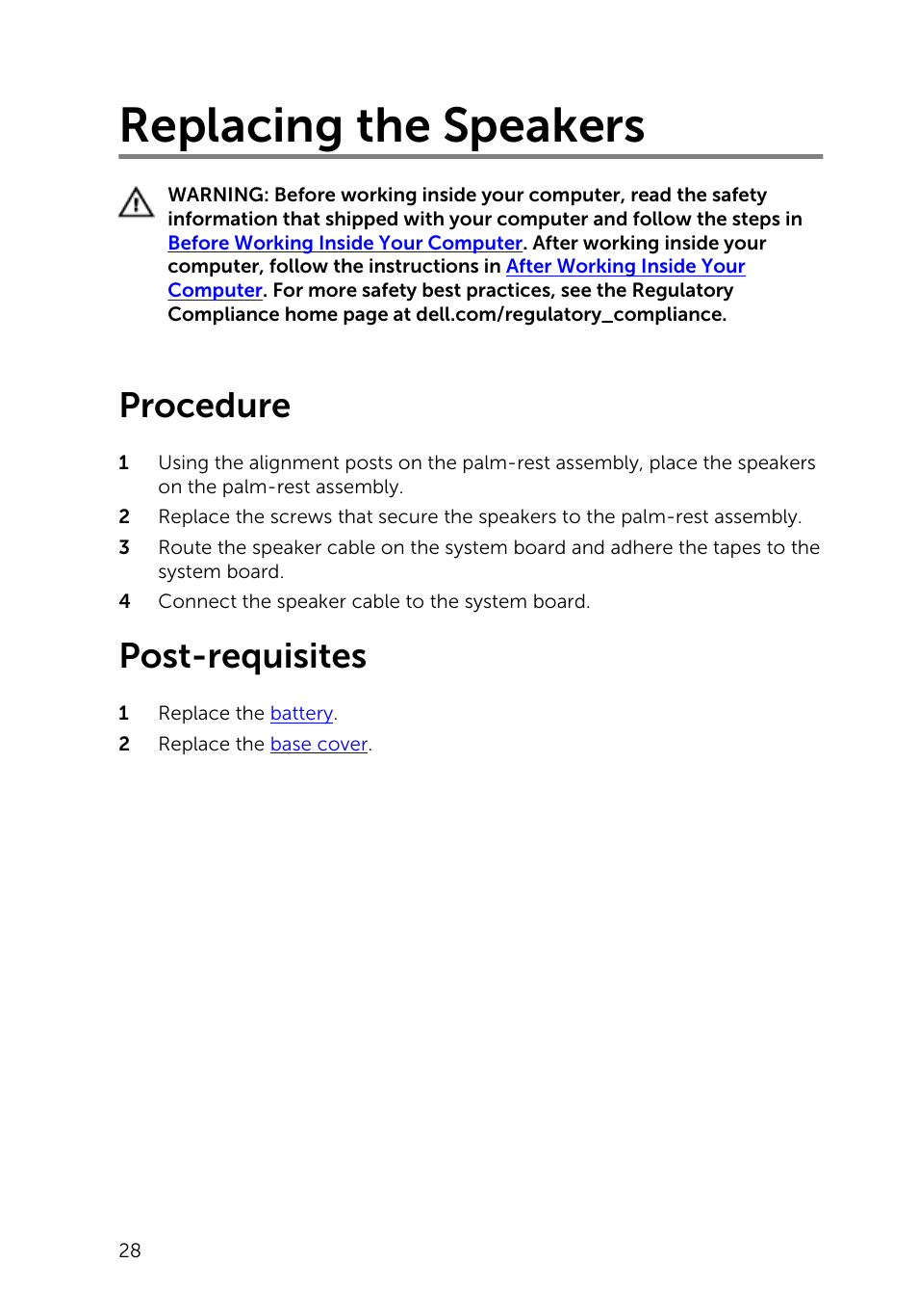 Replacing the speakers, Procedure, Post-requisites | Dell XPS 13 (9343, Early 2015) User Manual | Page 28 / 86