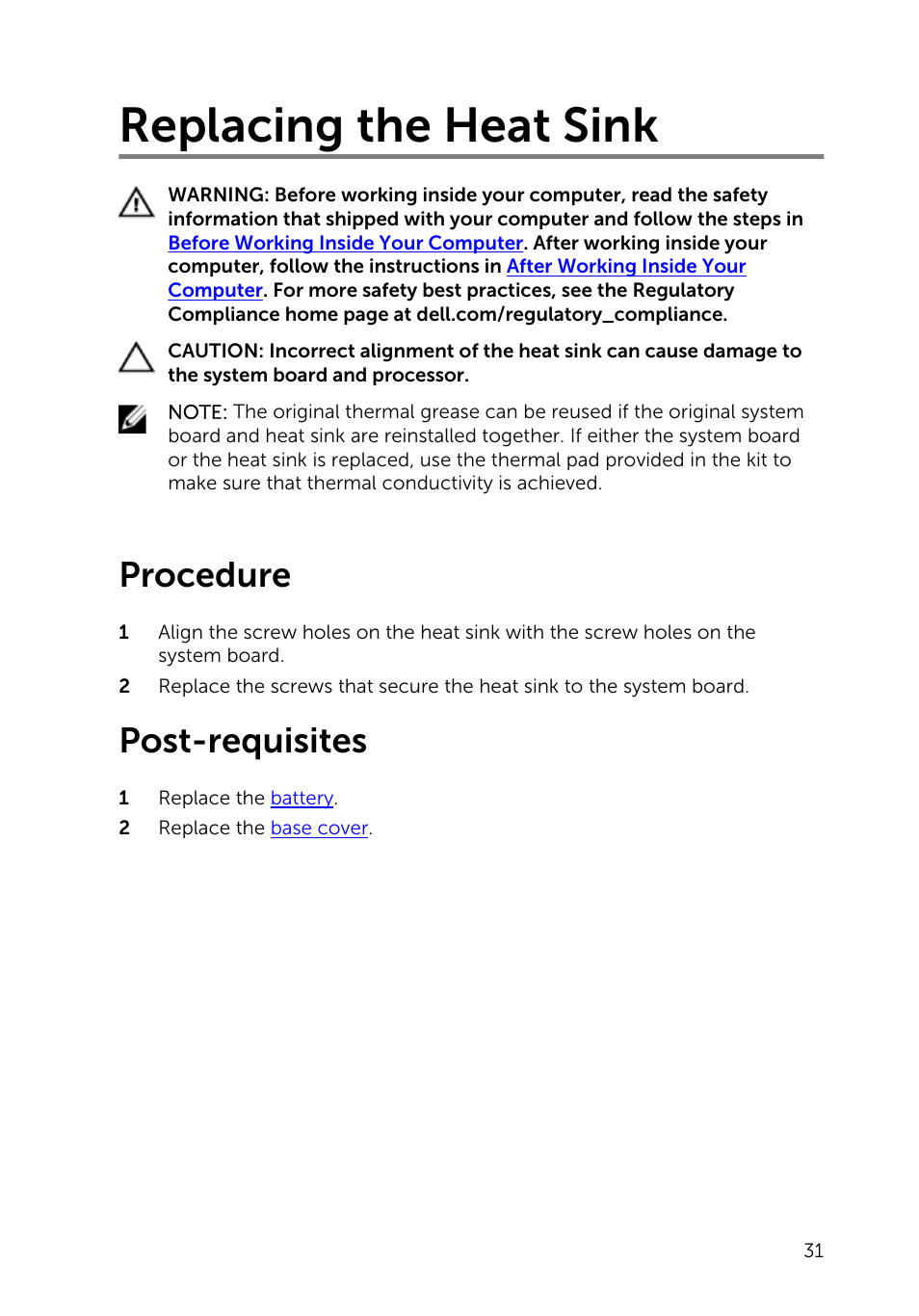 Replacing the heat sink, Procedure, Post-requisites | Dell XPS 13 (9343, Early 2015) User Manual | Page 31 / 86