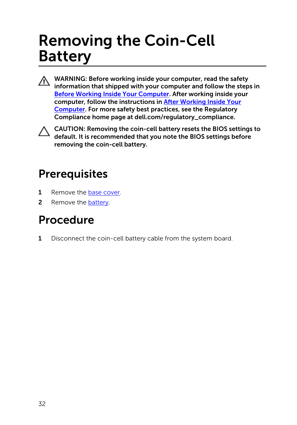 Removing the coin-cell battery, Prerequisites, Procedure | Dell XPS 13 (9343, Early 2015) User Manual | Page 32 / 86