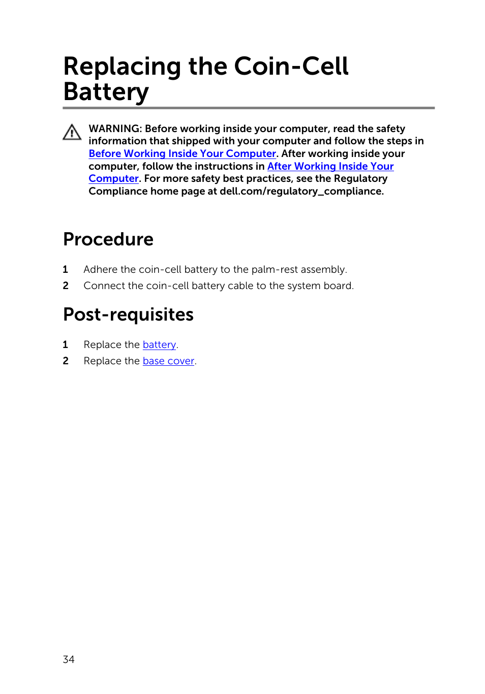 Replacing the coin-cell battery, Procedure, Post-requisites | Dell XPS 13 (9343, Early 2015) User Manual | Page 34 / 86