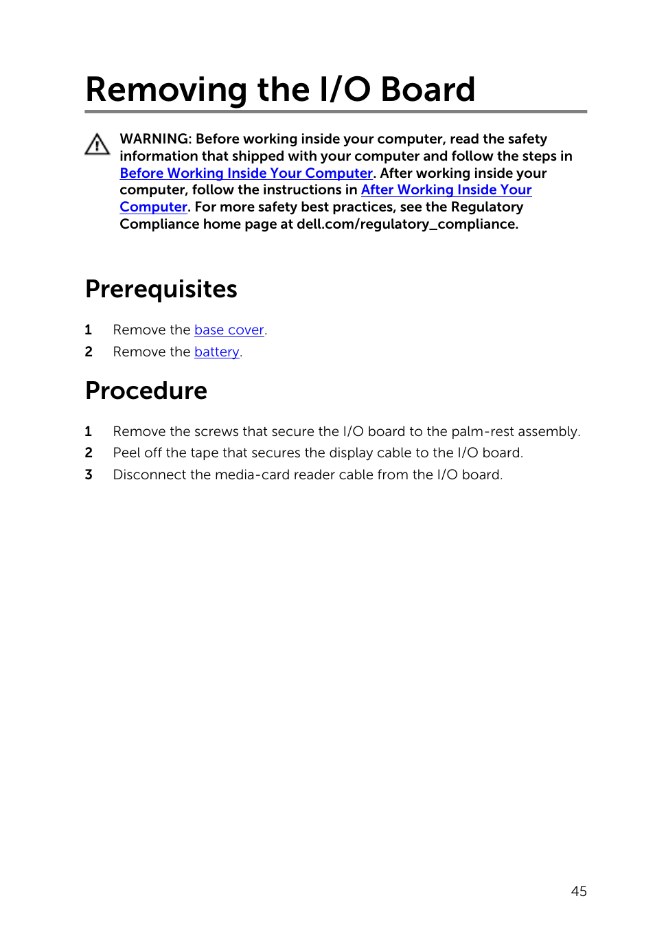 Removing the i/o board, Prerequisites, Procedure | Dell XPS 13 (9343, Early 2015) User Manual | Page 45 / 86