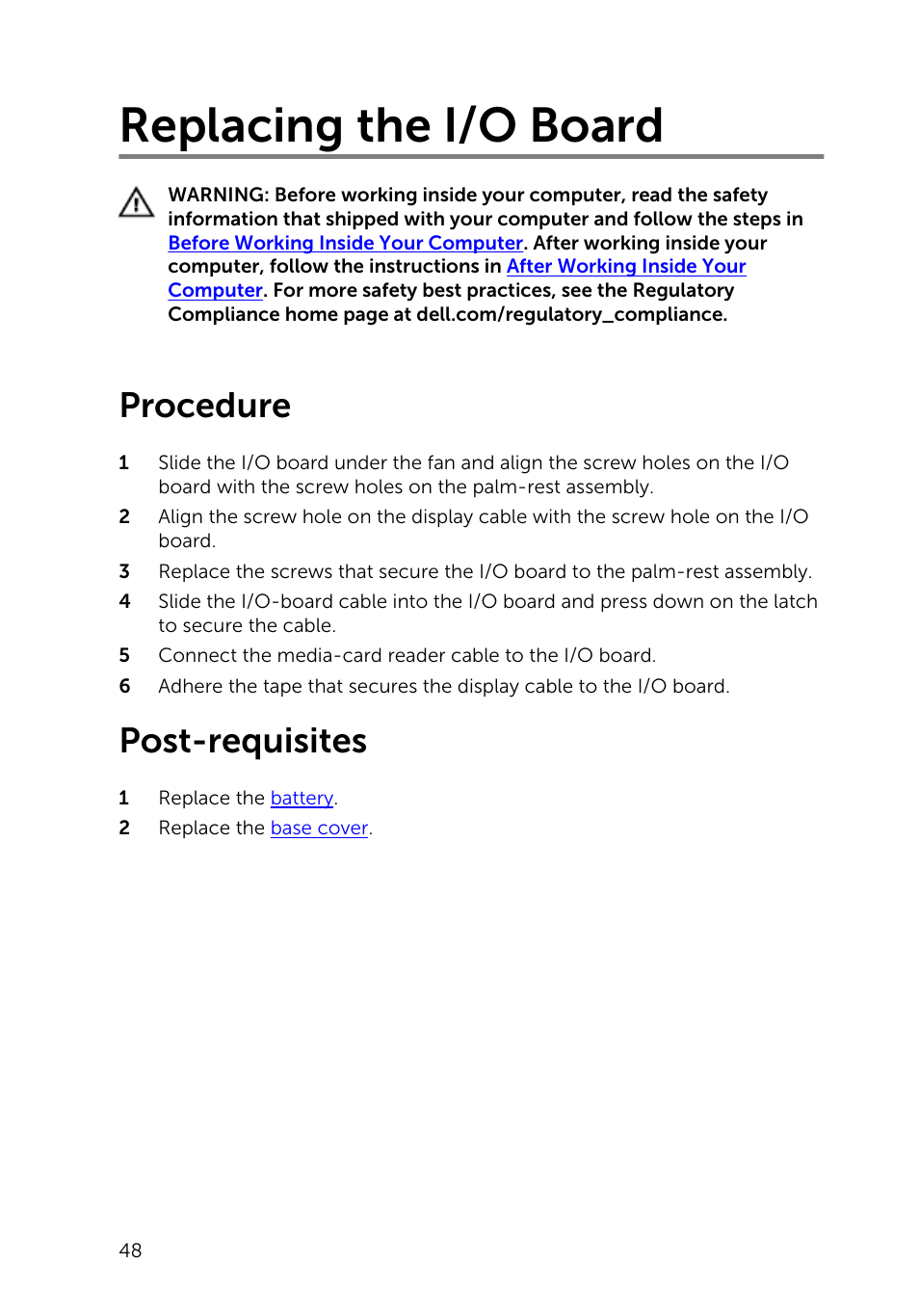 Replacing the i/o board, Procedure, Post-requisites | Dell XPS 13 (9343, Early 2015) User Manual | Page 48 / 86