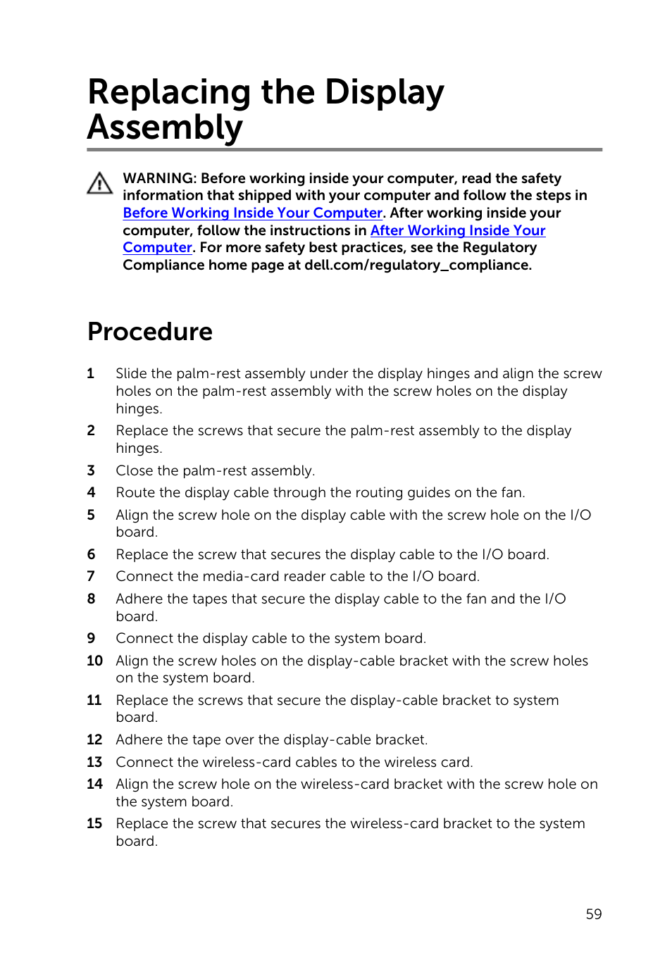 Replacing the display assembly, Procedure | Dell XPS 13 (9343, Early 2015) User Manual | Page 59 / 86