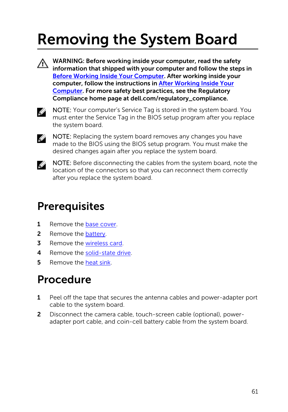 Removing the system board, Prerequisites, Procedure | Dell XPS 13 (9343, Early 2015) User Manual | Page 61 / 86