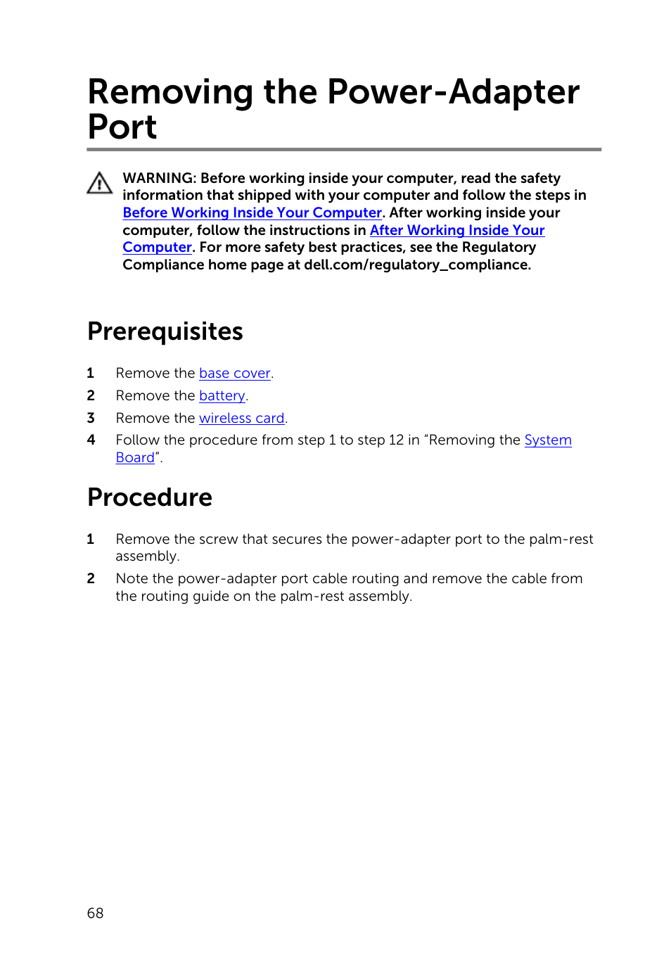 Removing the power-adapter port, Prerequisites, Procedure | Dell XPS 13 (9343, Early 2015) User Manual | Page 68 / 86