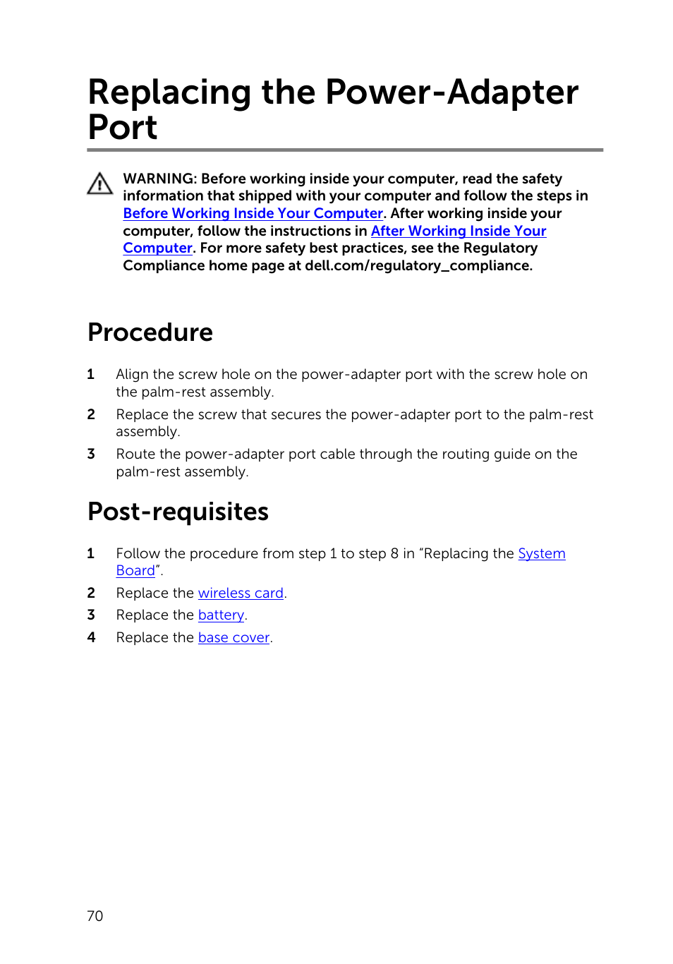 Replacing the power-adapter port, Procedure, Post-requisites | Dell XPS 13 (9343, Early 2015) User Manual | Page 70 / 86