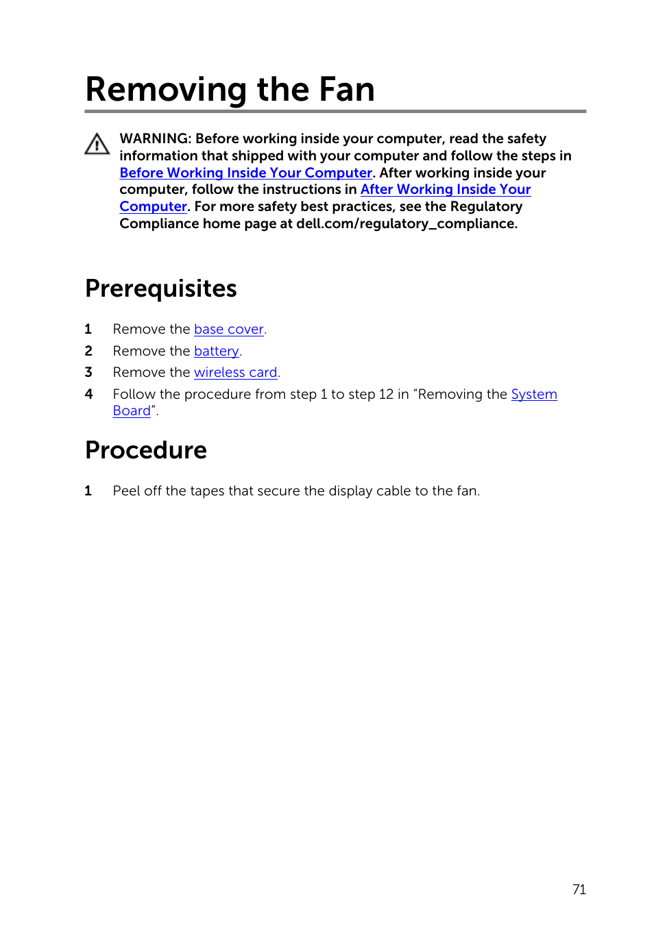 Removing the fan, Prerequisites, Procedure | Dell XPS 13 (9343, Early 2015) User Manual | Page 71 / 86