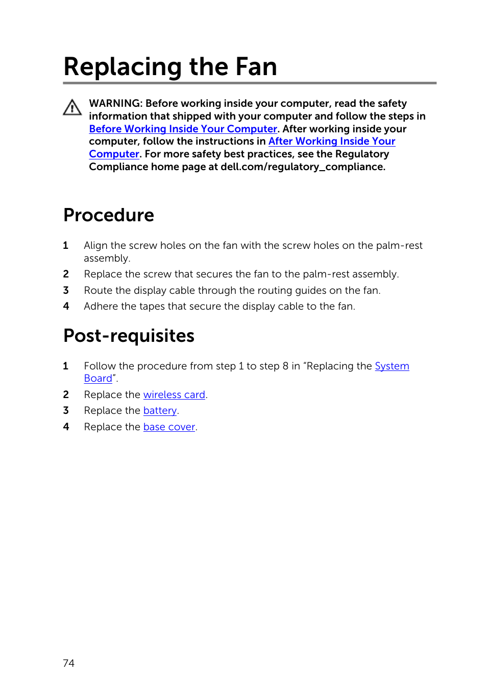 Replacing the fan, Procedure, Post-requisites | Dell XPS 13 (9343, Early 2015) User Manual | Page 74 / 86